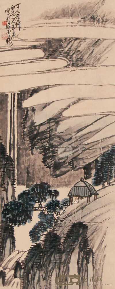 王震 丁巳（1917年）作 山水 立轴 112×45cm